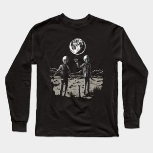 Grey Alien Moon Brother Vintage Aesthetic Illustration Long Sleeve T-Shirt